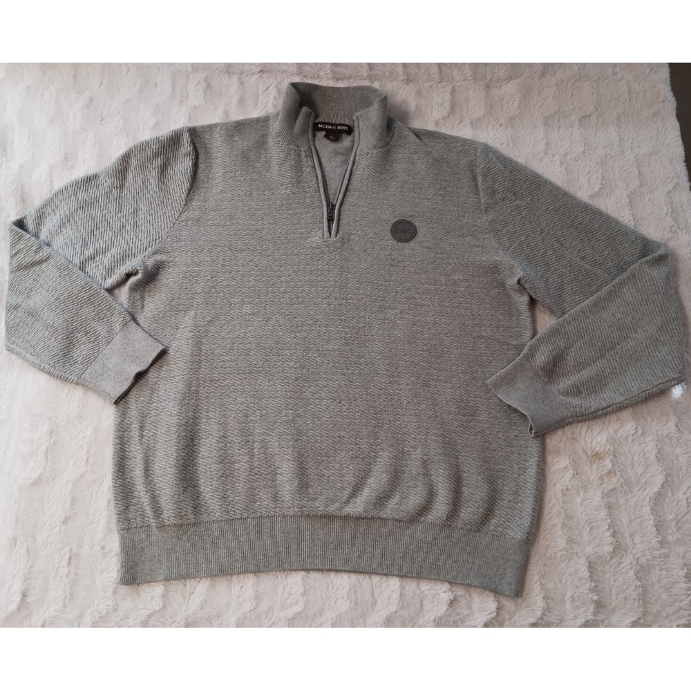 Michael Kors 1/4 Zip Cotton Sweater Long Sleeve Mens Size Large Grey Rubber Logo